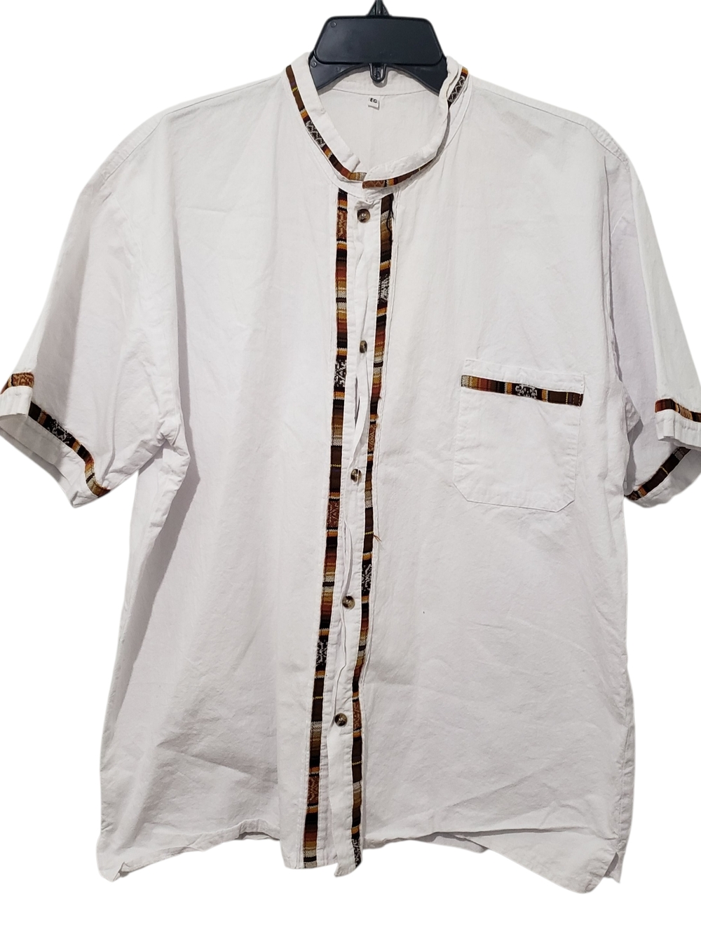 Guayabera Mexicana White Short-Sleeve Shirt with Pattern Trim | Large